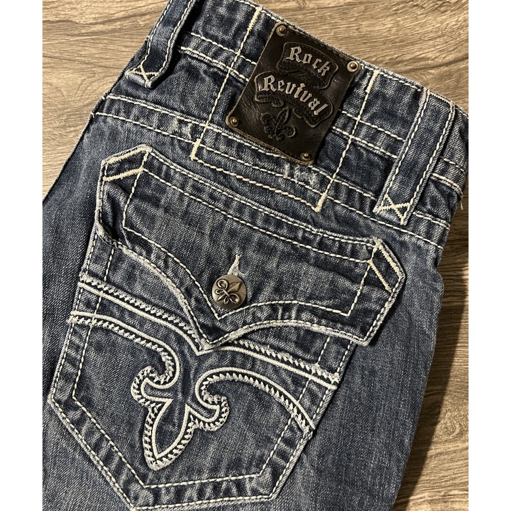 Rock Revival Roger Dark Wash Boot Cut Blue Jeans, Fleur De Lis, Men's Size 36x30